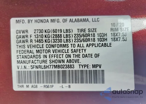 2021 Honda Odyssey Exl z USA, uszkodzony, nr VIN 5FNRL6H77MB023883